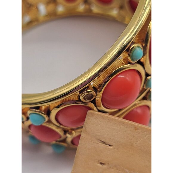 Faux Coral Turquoise Cabochon Open Cuff BOHO Gold Tone Bracelet *flaw - Picture 6 of 9